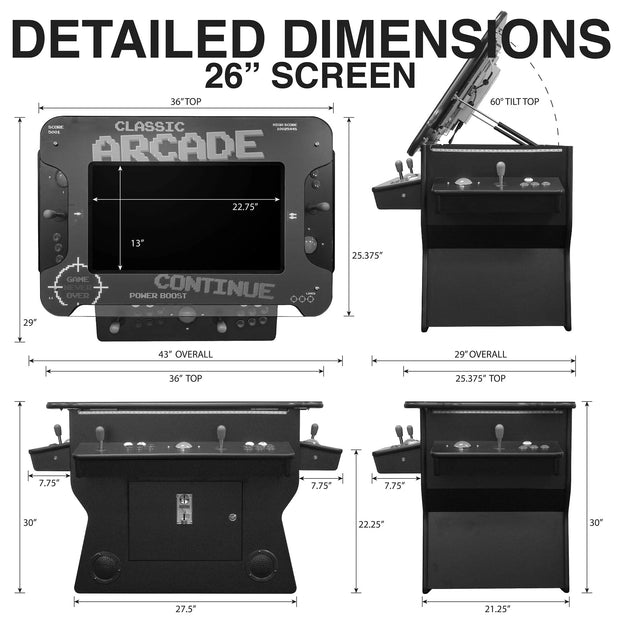 Detailed Dimensions 3-Sided Tilt Cocktail Table Arcade Machine